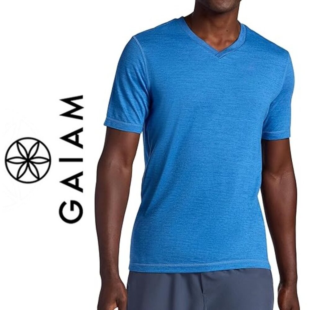 GAIAM Men's Soft Poly/Spandex Aqua Blue V-Neck Short Sleeve T-Shirt - Size M